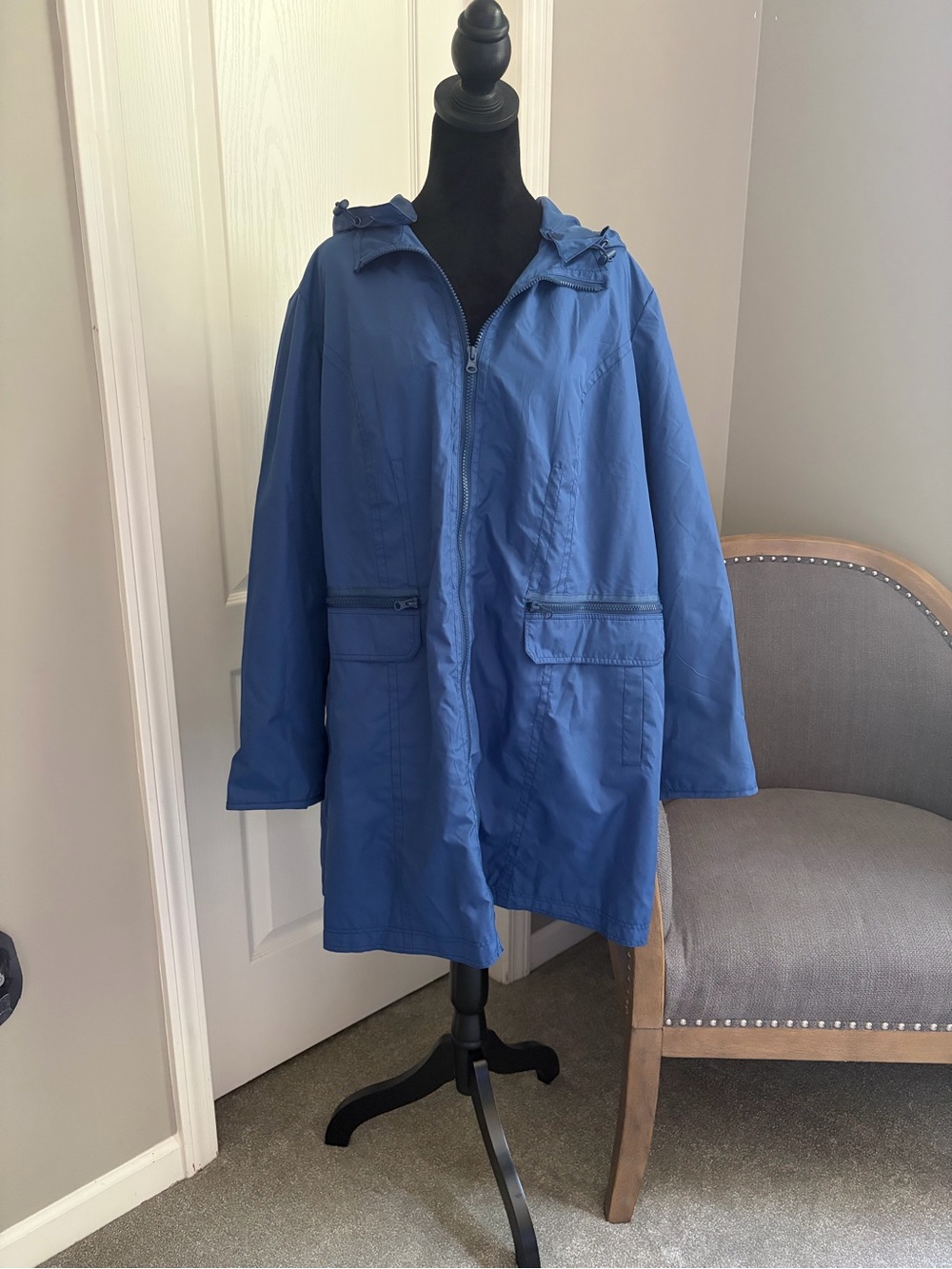 Woman Within Blue Hooded Rain Jacket